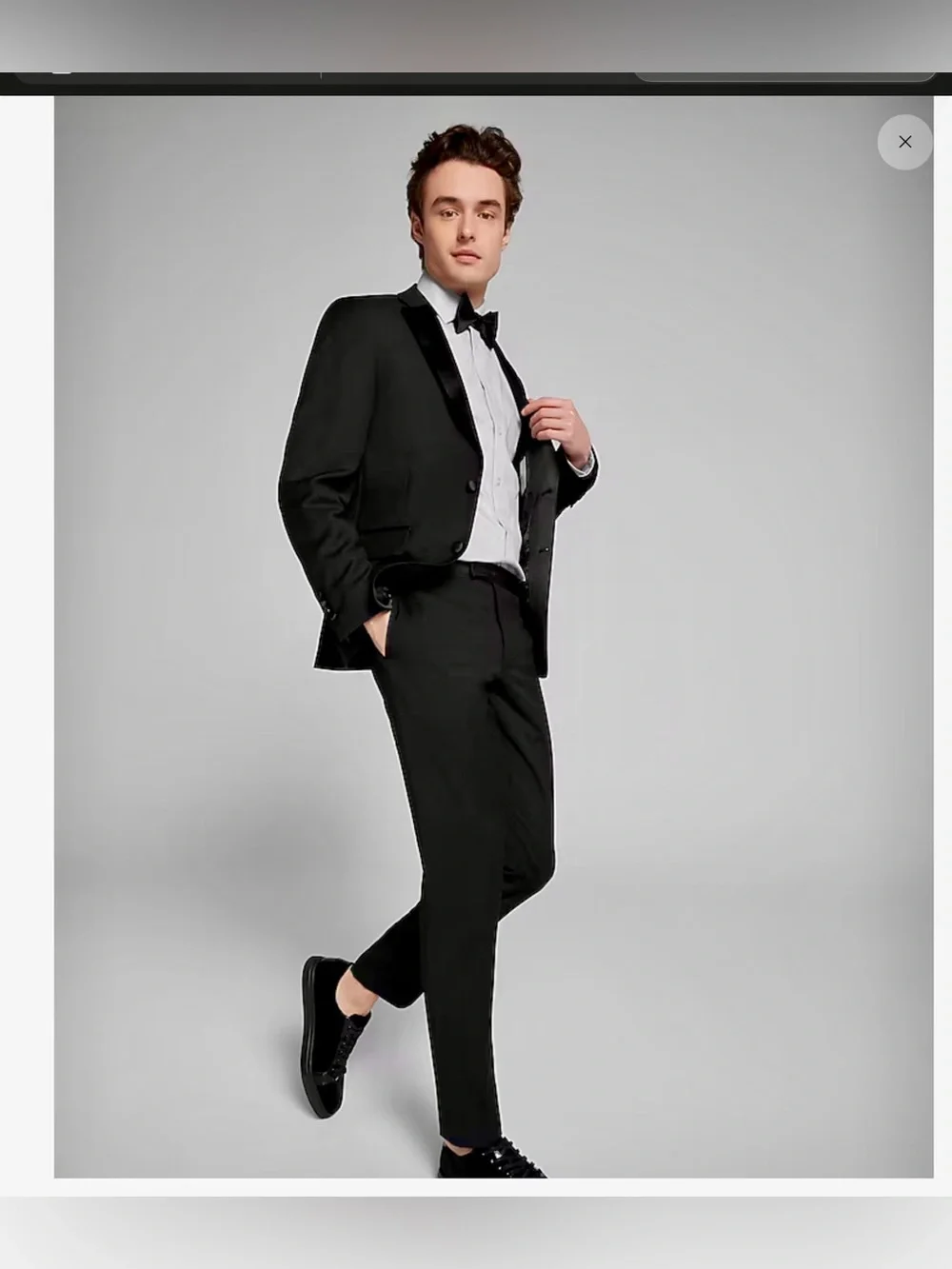 Calvin Klein Black Satin Lapel Tuxedo Jacket with Matching Trousers and Bow Tie